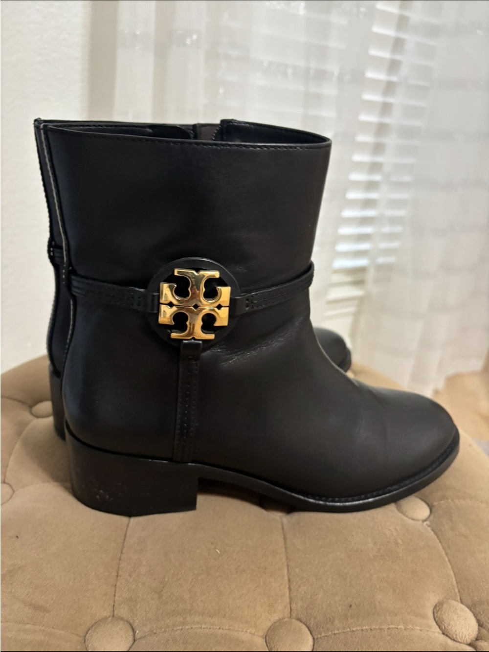 Tory Burch Black Leather Ankle Boot with Gold Logo Accent